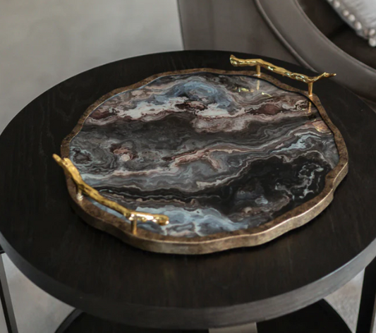 Marble Effect Flat Tray with Gold Edge & Handles