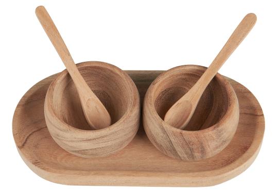 Acacia Wood Tray W/2 Bowls