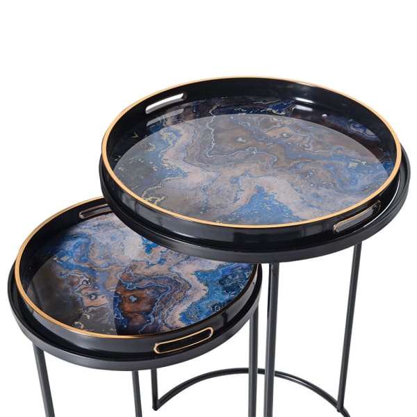 Set of 2 Blue Marble Effect Tray Tables